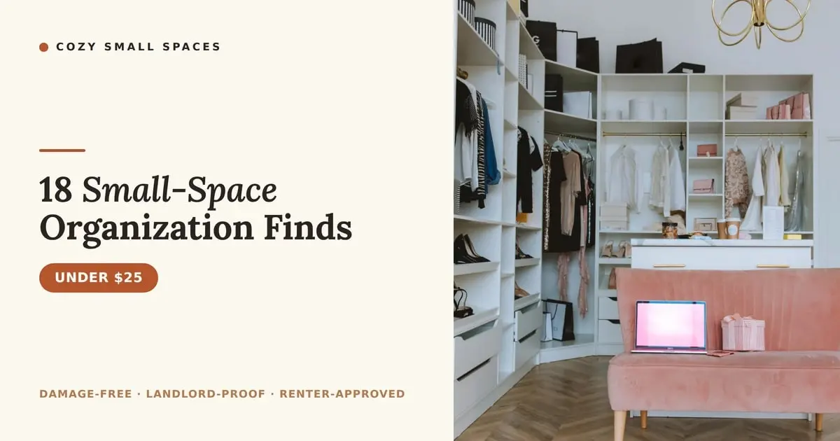 An organized white walk-in closet with neatly shelved clothes, shoes and storage boxes beside a small pink sofa, with the headline '18 Small-Space Organization Finds'