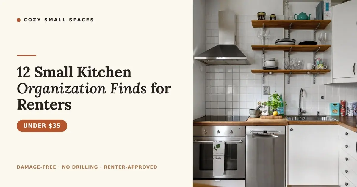 A compact white rental kitchen with open wood shelving, a stainless range and tidy counters, with the headline '12 Small Kitchen Organization Finds for Renters'