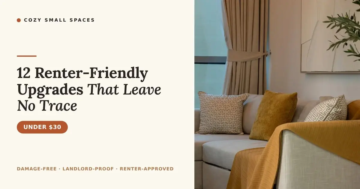 A cosy rental living room with linen curtains, patterned cushions and a mustard throw on a sofa under framed art, with the headline '12 Renter-Friendly Upgrades That Leave No Trace'