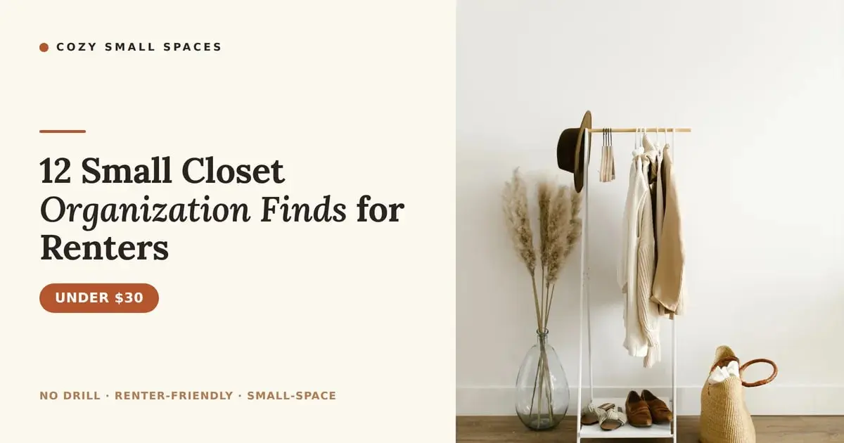 A minimalist freestanding clothes rail with neutral knits, a hat and pampas grass beside shoes and a woven bag, with the headline '12 Small Closet Organization Finds for Renters'